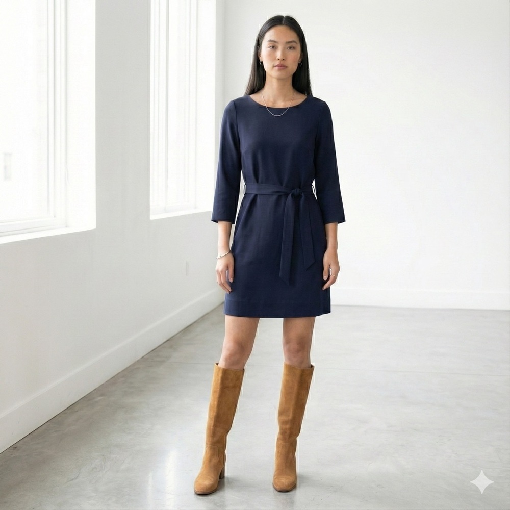 Vintage Tara Jarmon navy blue boatneck tie waist dress - size 8 (40)
